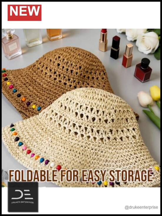 Wide Brim Straw Sun Hat with Beaded Strap, Packable Bucket Hat for Travel main image 4